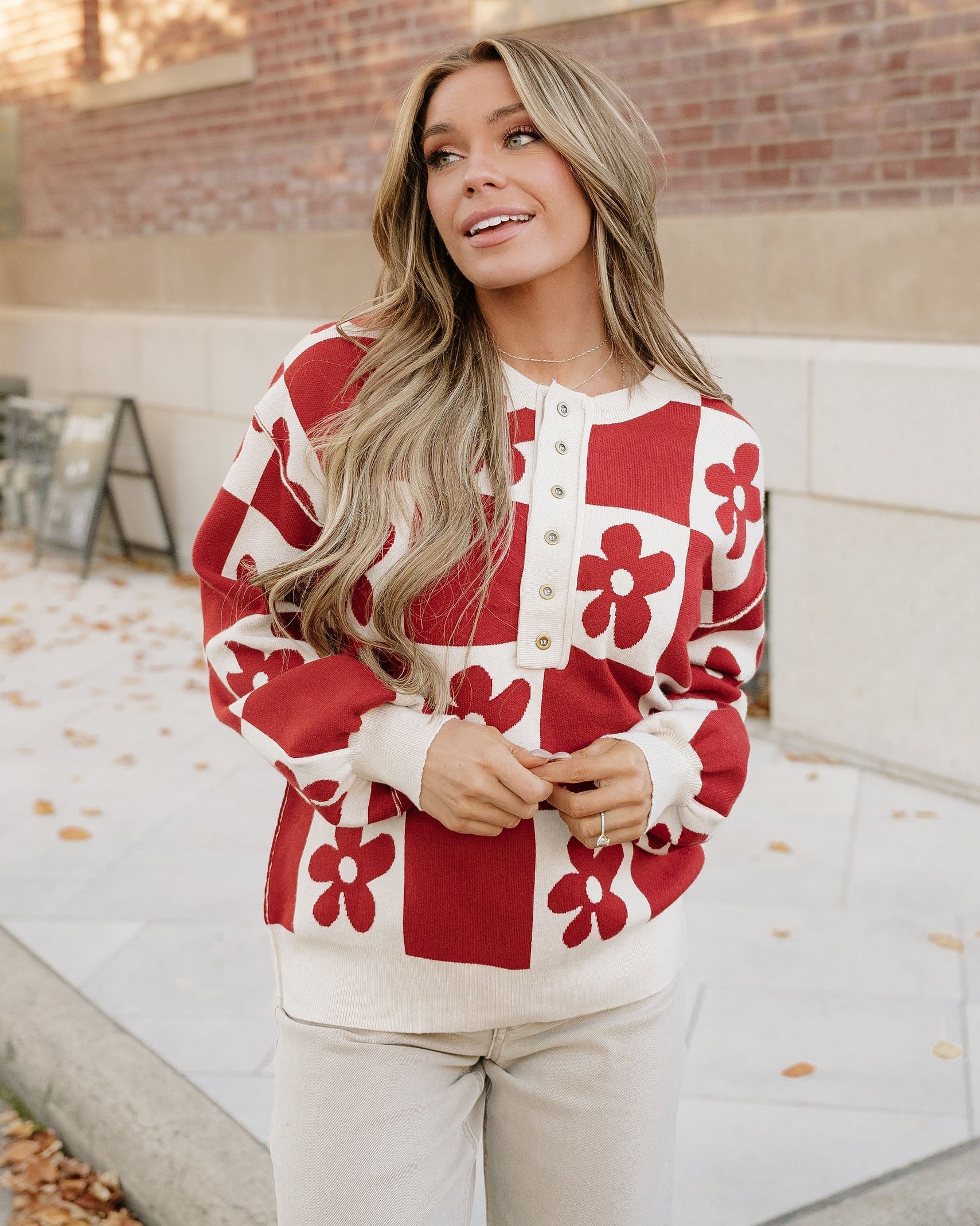 Flower Power Checkered Henley Sweater - Red Dahlia | Dropship