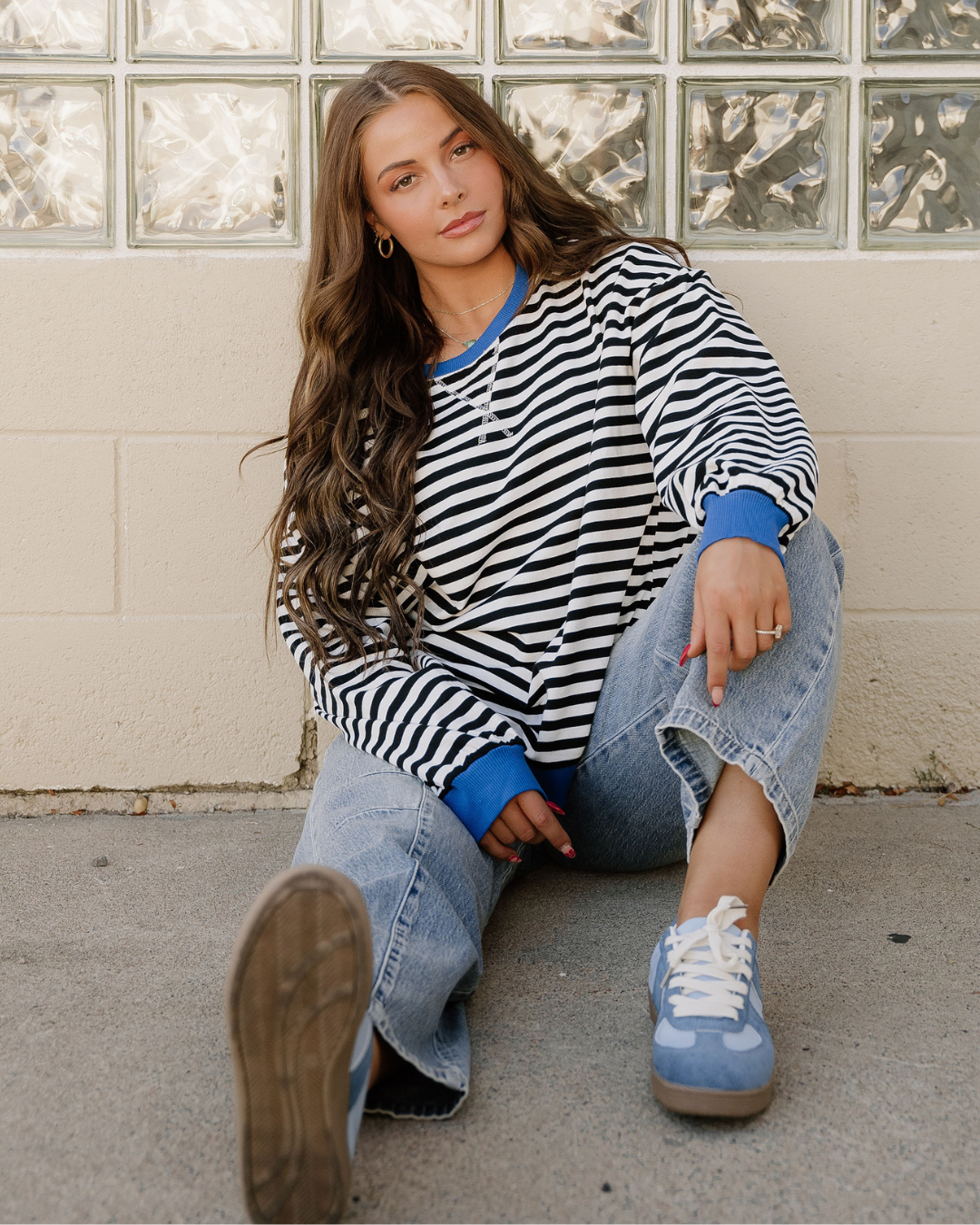 Baya Striped Contrast Trim Drop Shoulder Sweatshirt - Black | Dropship