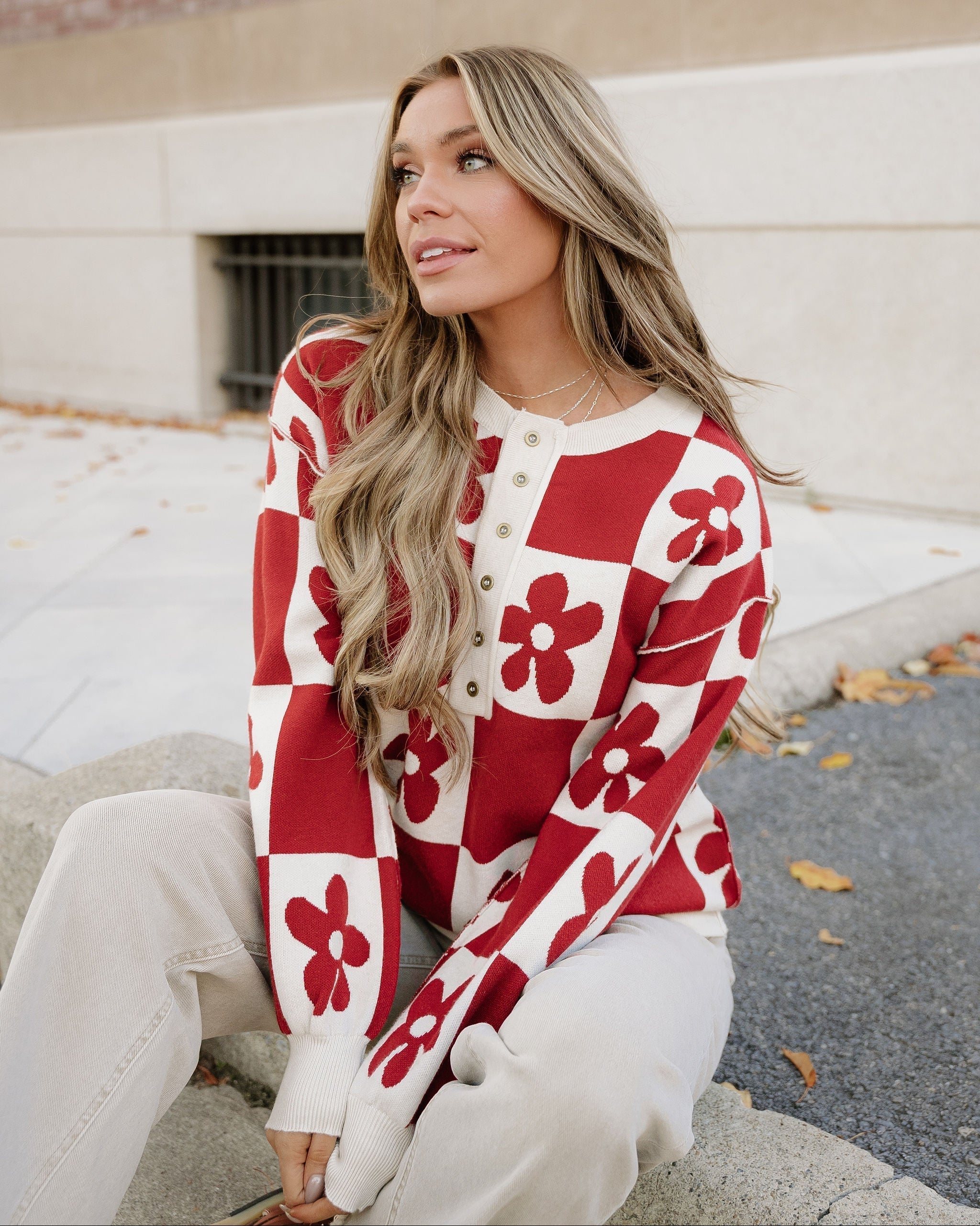 Flower Power Checkered Henley Sweater - Red Dahlia | Dropship