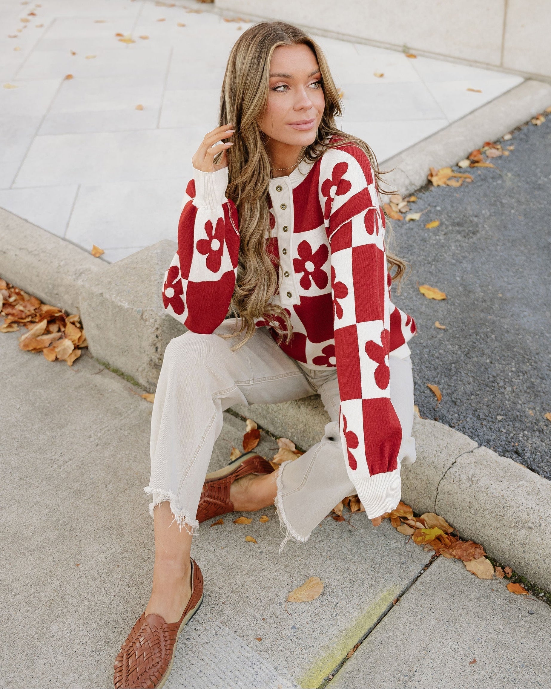 Flower Power Checkered Henley Sweater - Red Dahlia | Dropship