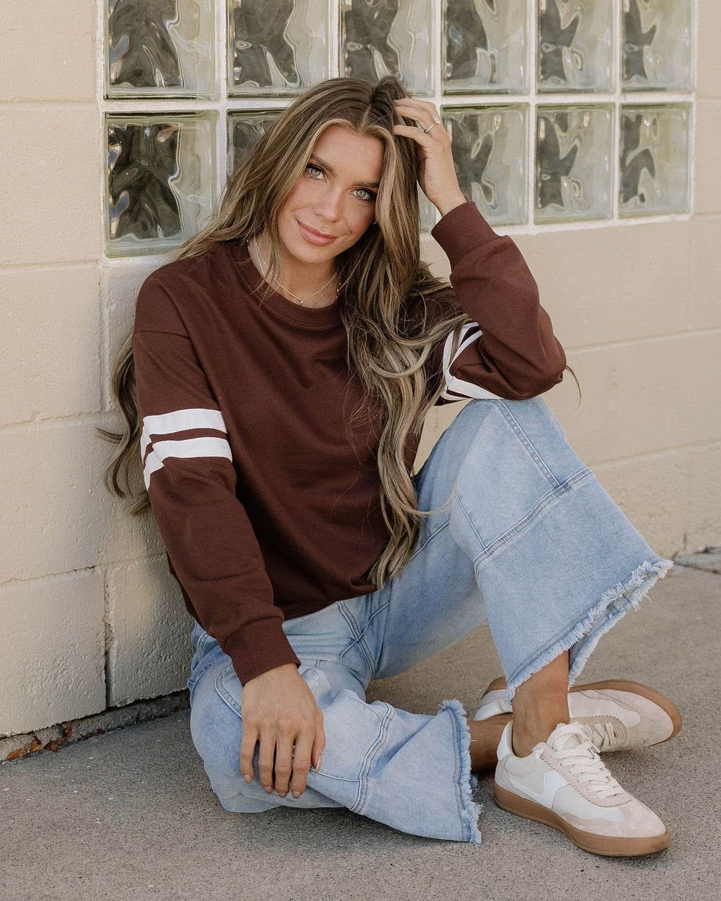 Varsity Striped Sleeve Loose Sweatshirt - Coffee | Dropship