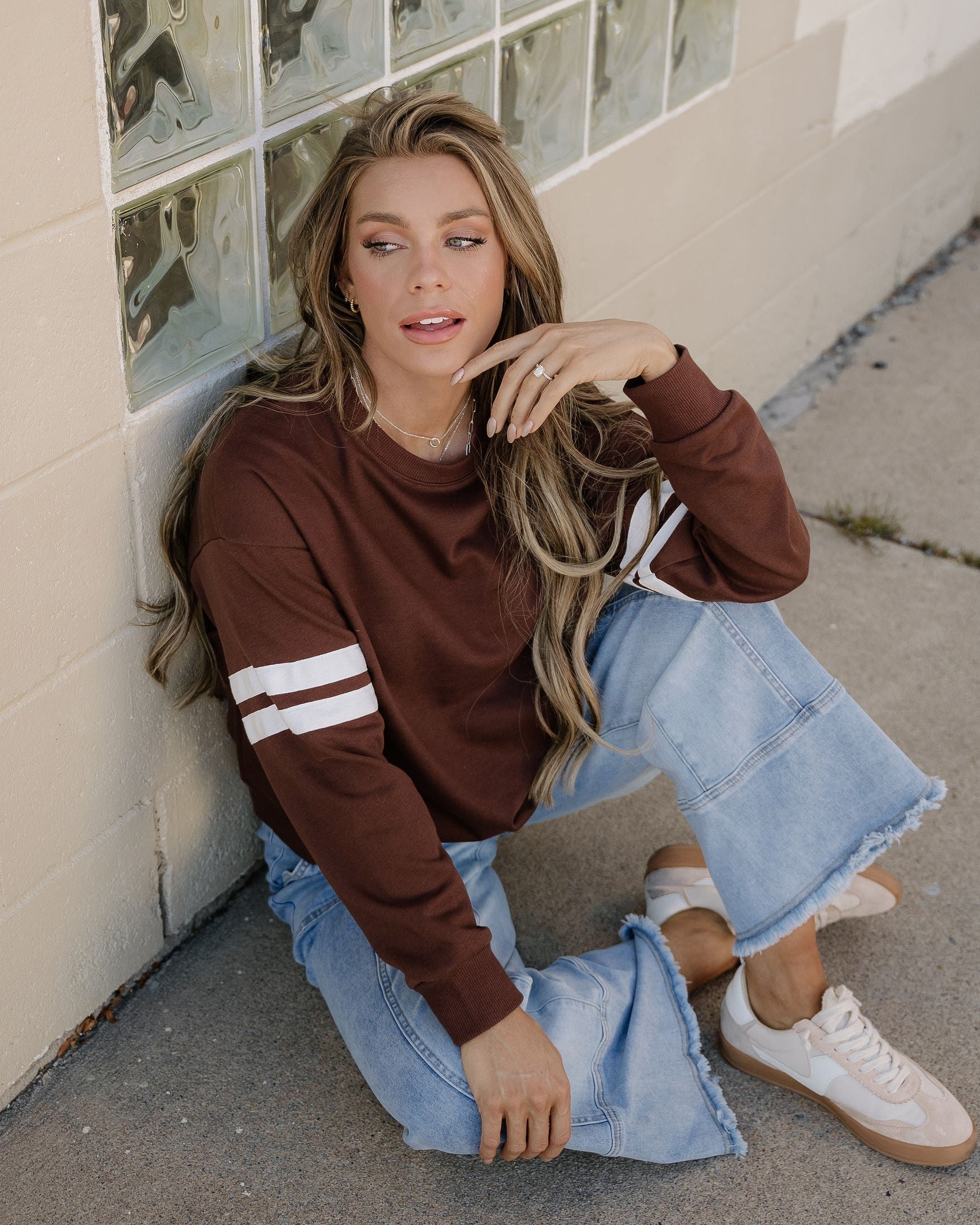 Varsity Striped Sleeve Loose Sweatshirt - Coffee | Dropship