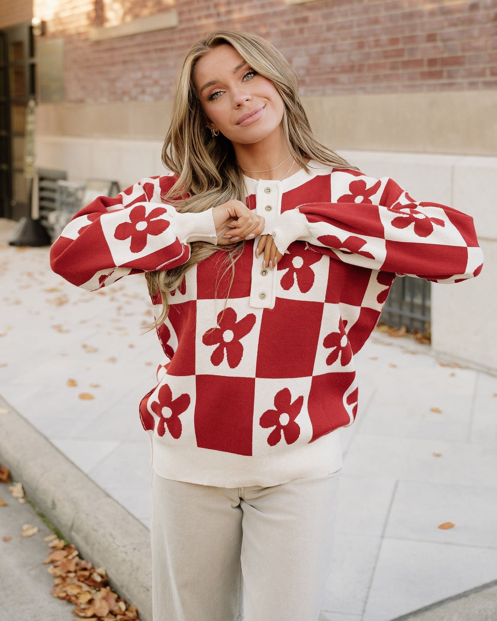 Flower Power Checkered Henley Sweater - Red Dahlia | Dropship