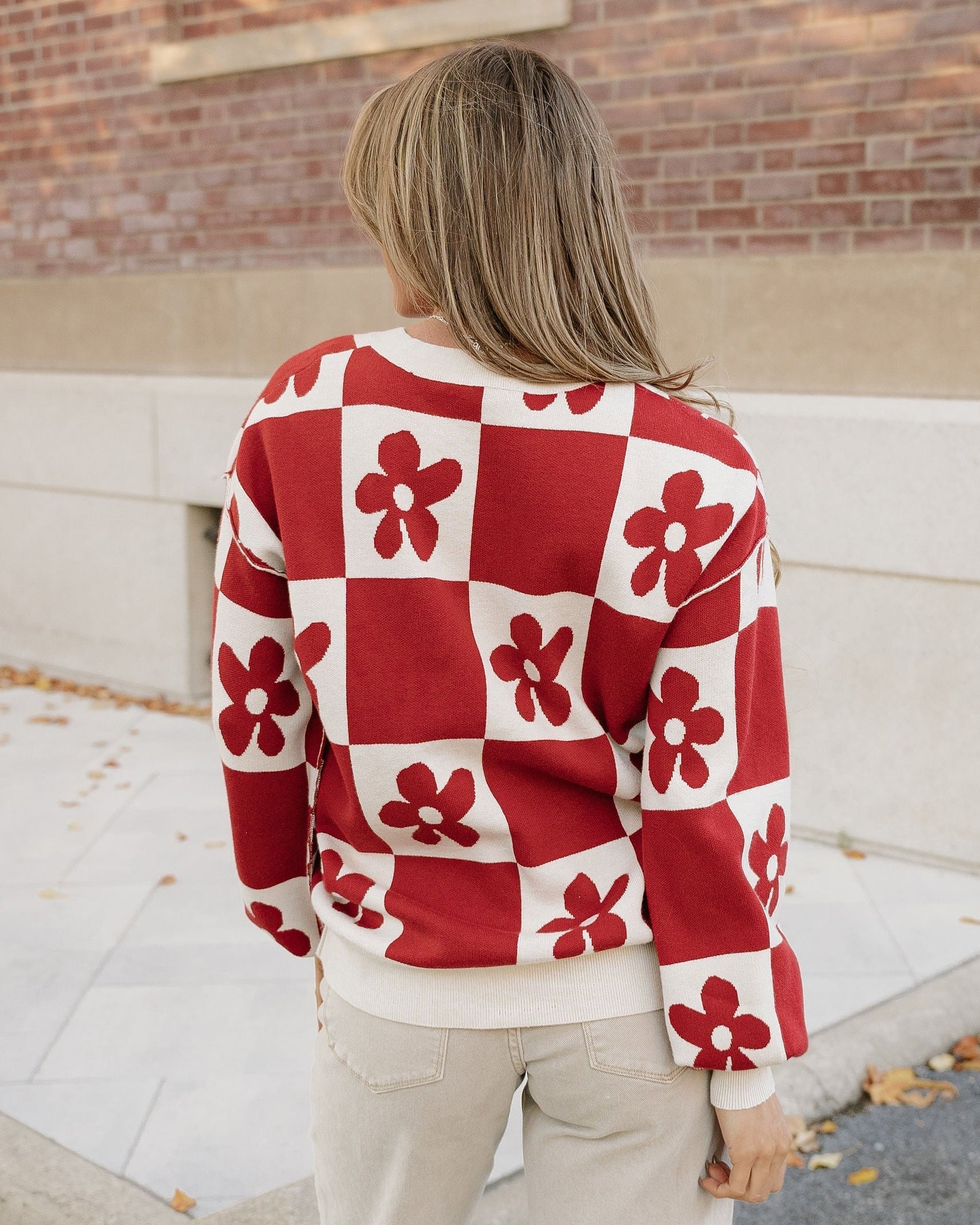 Flower Power Checkered Henley Sweater - Red Dahlia | Dropship