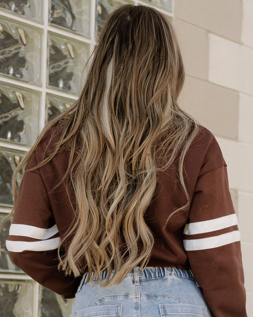 Varsity Striped Sleeve Loose Sweatshirt - Coffee | Dropship